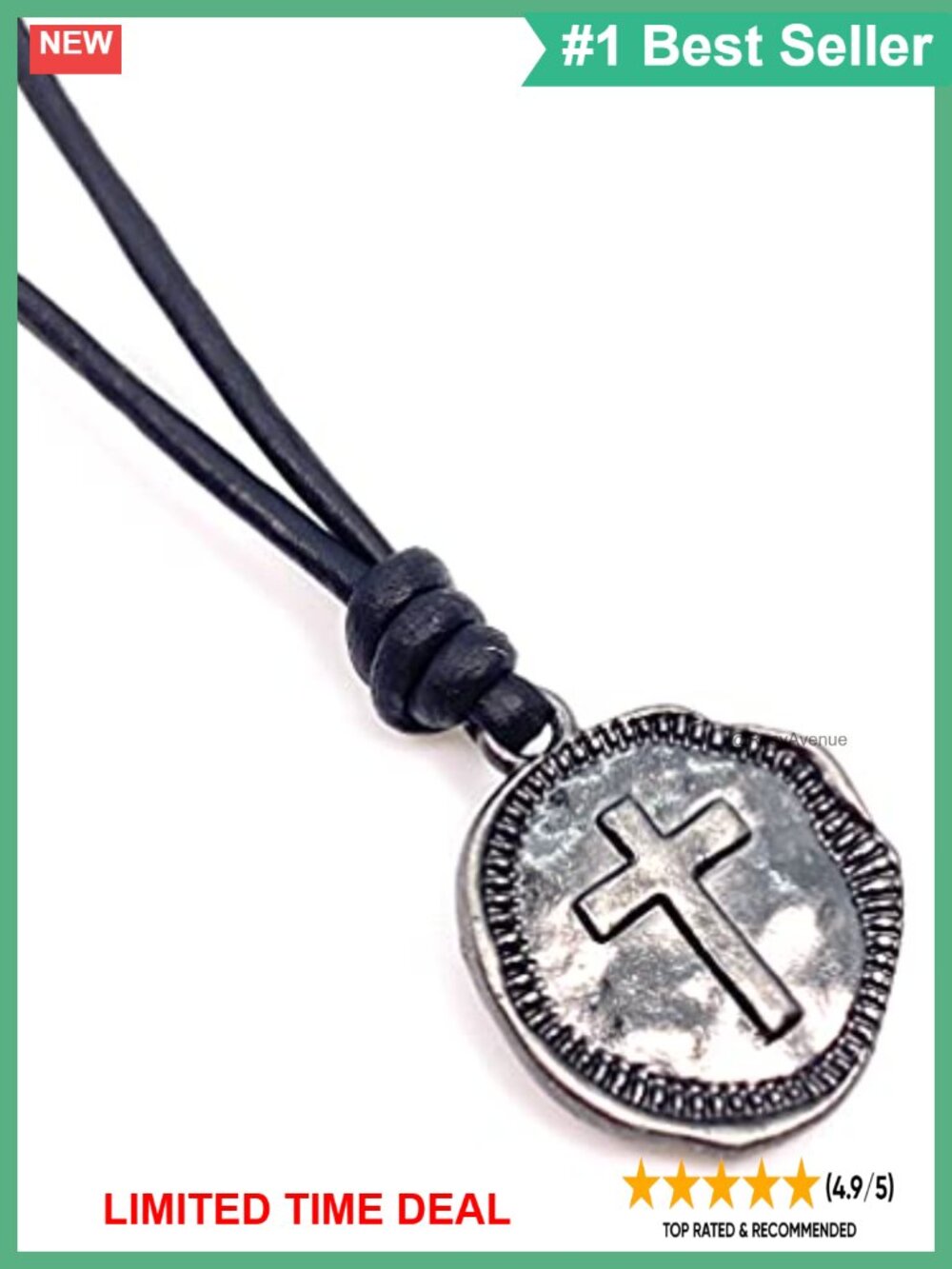 Pewter Cross Coin Pendant Necklace on Black Premium Leather Cord Adjustable